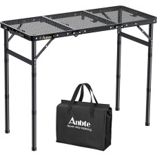 „Anbte“ kempingo stalas-grilis, 88 x 40 cm, metalinio tinklelio stalviršis su 3 reguliuojamais aukščiais (26/48/70 cm), aliuminio rėmo sulankstomas stalas, 3 būdais reguliuojamas nešiojamas pikniko stalas, skirtas kepimui ant grotelių, sodo vakarėliams ir