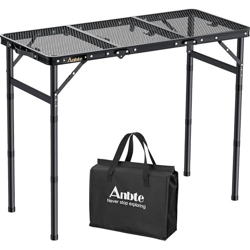 „Anbte“ kempingo stalas-grilis, 88 x 40 cm, metalinio tinklelio stalviršis su 3 reguliuojamais aukščiais (26/48/70 cm), aliuminio rėmo sulankstomas stalas, 3 būdais reguliuojamas nešiojamas pikniko stalas, skirtas kepimui ant grotelių, sodo vakarėliams ir