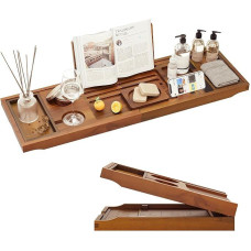 Folding Expandable Bathtub Tray, Teak Wood, Adjustable Bathtub Board with Wine Glass and Tablet Holder, Waterproof Bathroom Tray for Relaxed Spa Baths at Home