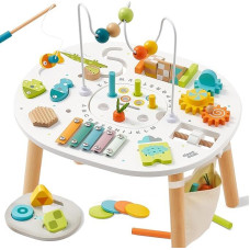 Giant bean Wooden Activity Table for 1+ Years, 11-in-1 Montessori Learning Table with Bead Maze, Shape Sorter, Fishing Game – Sensory Development Toy for Toddlers, for Babies