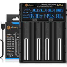 LCD-4 18650 akumuliatorių įkroviklis. 2 A greito įkrovimo akumuliatorių įkroviklis su LCD ekranu ir išorinio akumuliatoriaus funkcija, skirtas 3,7 V 14500, 16340, 18650, 20700, 21700, 26650 akumuliatoriams. 1.2 V AAAA A