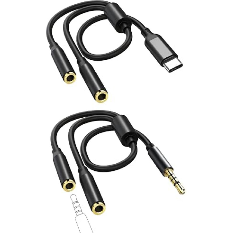 Ausinių garso adapterio skirstytuvo kabelis, 2 vnt. rinkinys, USB-C – 3,5 mm garso Y tipo skirstytuvo kabelis, ausinių garso adapteris, skirtas ausinėms, planšetiniams kompiuteriams, išmaniesiems telefonams ir MP3 grotuvams
