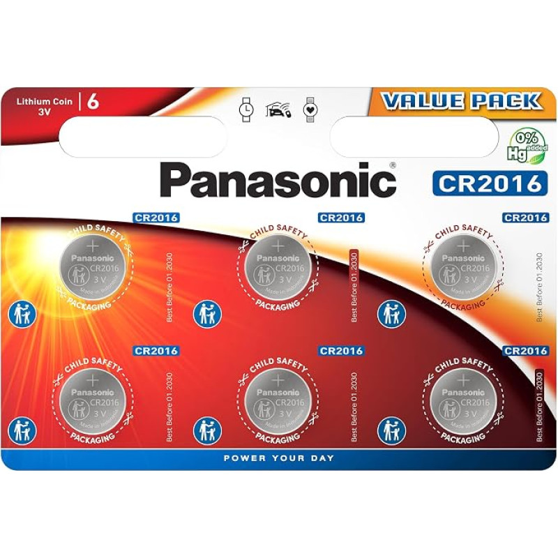 Panasonic CR2016 non-rechargeable battery (Lithium, Stainless steel) pack of 6