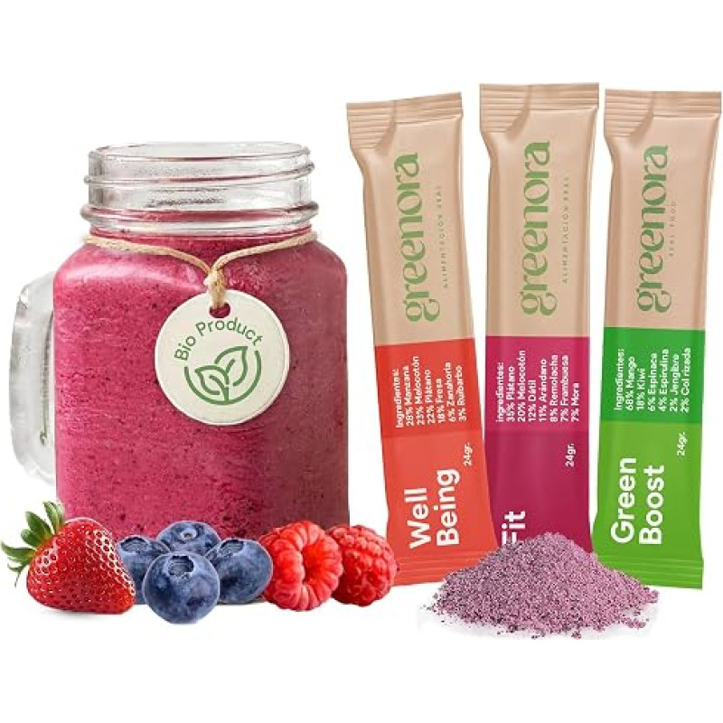 GREENORA Vegan Smoothie Freeze-Dried Fruit Powder 100% Natural Organic Dehydrated Strawberry Apple Ginger Mango Beetroot Spirulina No Added Sugar 9 x 24 g