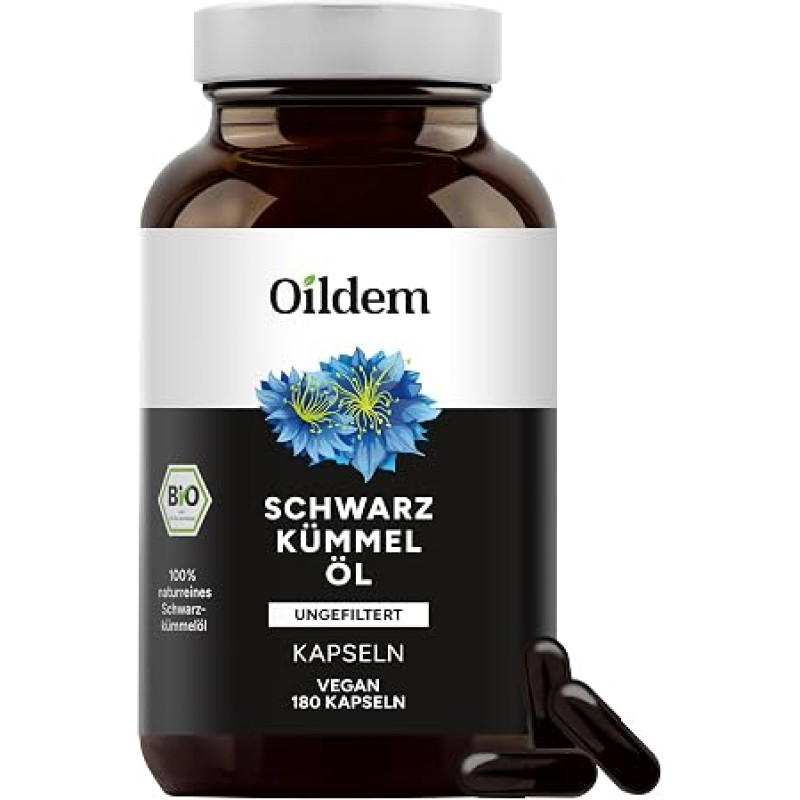 „Oildem“ ekologiškos juodųjų kmynų aliejaus kapsulės, tinkamos veganams (nefiltruotos)