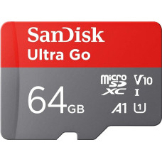 „SANDISK“ 64 GB „Ultra Go“ „Micro SDXC“ atminties kortelė + SD adapteris (skirta „Android“ išmaniesiems telefonams ir planšetiniams kompiuteriams, skaitymo greitis iki 150 MB/s) A1, „Full HD“ vaizdo įrašai, UHS-I, 10 klasė, U1, „Amazon“