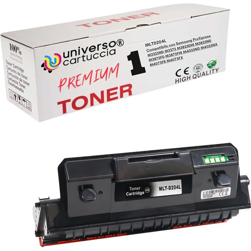 „UniversoPatrona®“ neoriginali juoda tonerio kasetė, skirta „Samsung ProXpress M3325“, „M3375“, „M3825“, „M3875“, „M4025“ ir „M4075“ spausdintuvams. Tonerio kodas: MLT-D204L
