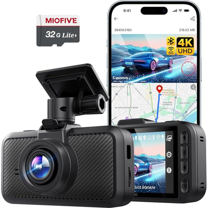 „Miofive“ automobilinė kamera: 4K skiriamoji geba, „Wi-Fi“, „Bluetooth“, GPS, 3 colių IPS ekranas, naktinio matymo funkcija, ciklinis įrašymas, HDR, valdymas per programėlę ir palaiko iki 512 GB atminties su nemokamu 32 G žemėlapiu