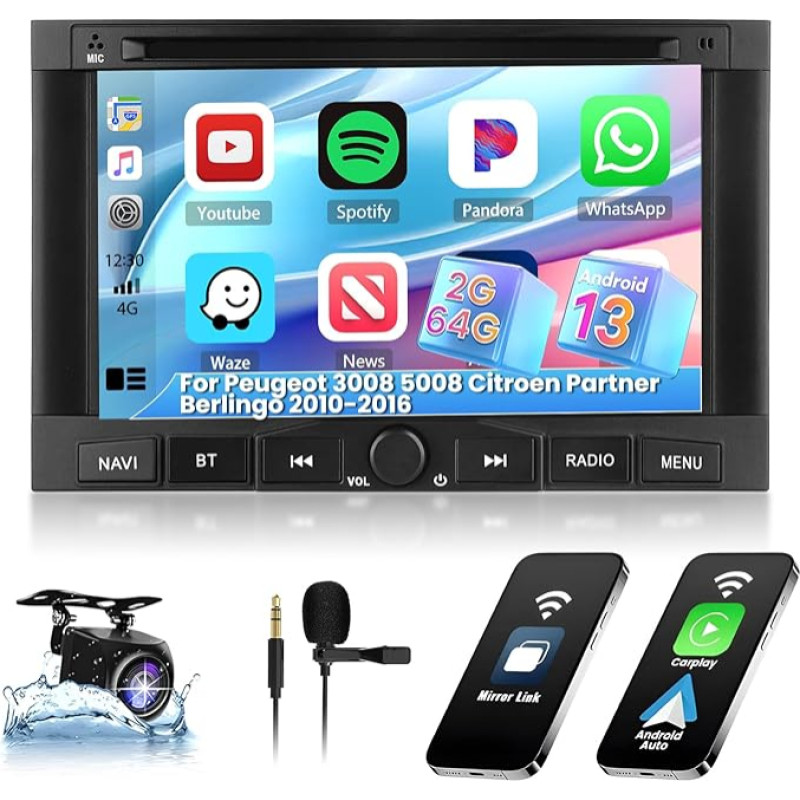 „Hikity“ 2G 64G automobilių radijas su „Android 13“ operacine sistema, skirtas „Peugeot 3008“, „5008“, „Partner“ ir „Citroën Berlingo“ modeliams (2010–2016 m.), su belaidžiu „CarPlay“ ir „Android Auto“ palaikymu, 7 colių ekrano automobilių radijas su GPS 