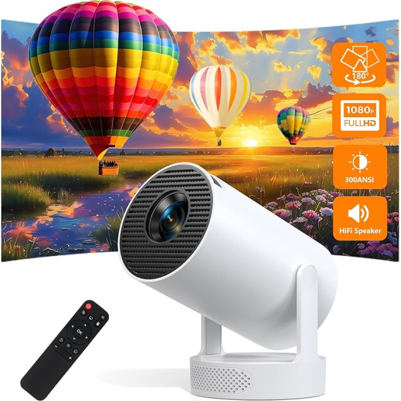 Mini projektorius, palaikantis 4K ir 1080p raišką, nešiojamas projektorius su „Android“ 11 operacine sistema, „Wi-Fi 6“ ir „Bluetooth 5.0“, 300 ANSI liumenų, automatinė vertikalioji trapečių korekcija, „Hi-Fi“ garsiakalbis miegamajam, baltos spalvos