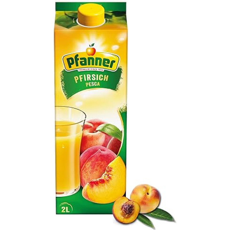 „Pfanner“ persikų nektaras (1 x 2 l) – vaisių nektaras, kurio vaisių kiekis ne mažesnis kaip 40 % – persikų gėrimas