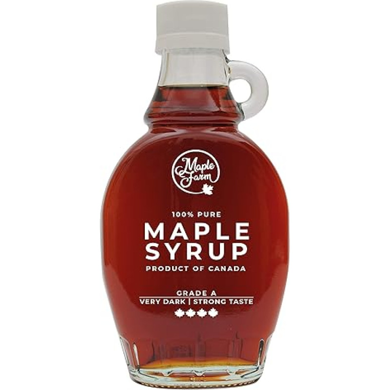„MapleFarm“ – grynas kanadietiškas klevų sirupas, labai tamsus, A klasės, labai tamsus, stipraus skonio – butelis 189 ml (250 g) – klevų sirupas – klevų sultys