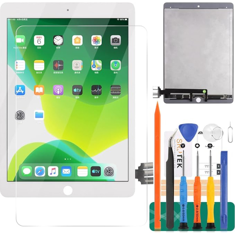 SRJTEK atsarginis jutiklinis ekranas „iPad Pro“ 9,7 colių modeliams A1673, A1674, A1675. Jutiklinio ekrano keitimo rinkinys su skaitytuvu – remonto detalės „iPad Pro“ 9,7 colių 2016 m. modelio LCD ekranui (baltas)