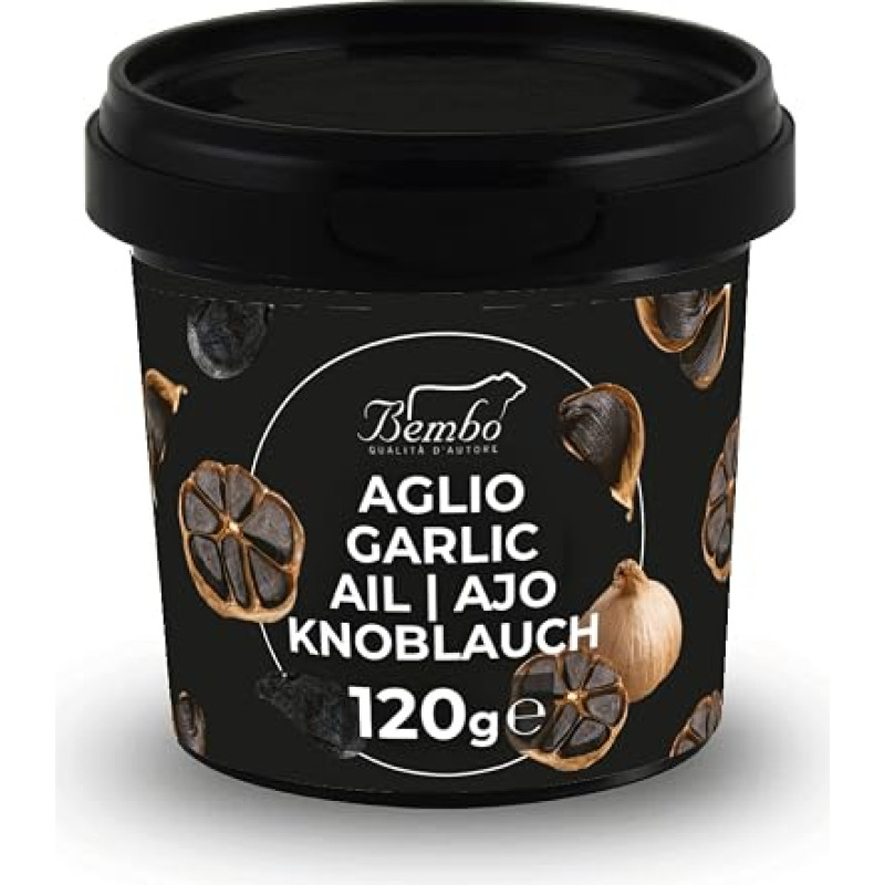 Fermentuotas juodasis česnakas, apie 120 g – švelnus, saldus skonis su balzamiko natomis – puikiai tinka makaronams, mėsai, žuviai, padažams ir gurmaniškai virtuvei