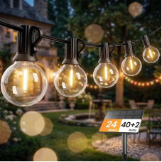 Bomcosy Outdoor Solar Fairy Lights, 24.38 metre, G40 Globe Patio Lights with 42 LED Bulbs (2 Replacements), Waterproof Hanging Lamps for Back Garden, Porch, Balcony, Party Decor, E12 Socket, Black