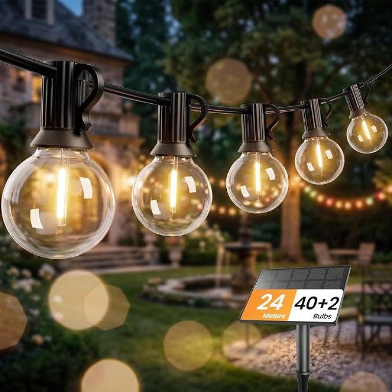 Bomcosy Outdoor Solar Fairy Lights, 24.38 metre, G40 Globe Patio Lights with 42 LED Bulbs (2 Replacements), Waterproof Hanging Lamps for Back Garden, Porch, Balcony, Party Decor, E12 Socket, Black