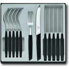„Victorinox Swiss Modern“ 12 dalių stalo įrankių rinkinys 6 asmenims su aštriais dantytu peiliu, plastikinėmis rankenėlėmis, juodos spalvos