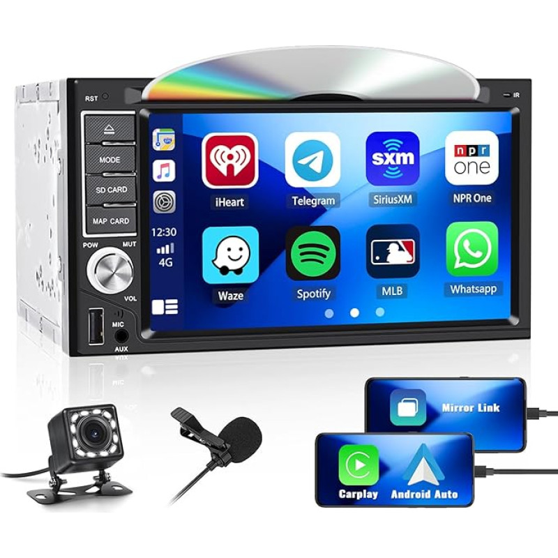 Double DIN Car Stereo with CD/DVD Player Carplay Android Car, 6.2 Inch Touchscreen Car Radio with Backup Camera, Bluetooth Car Audio Receiver, Support Mirror Link, HiFi, Bass, USB, FM Radio