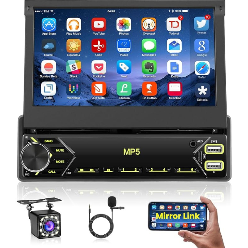 Hikity Car Radio 1 DIN Bluetooth with Screen 7 Inch Touch Retractable Display Car Radio with Reversing Camera Bluetooth Hands-Free Kit FM USB Mirror Link