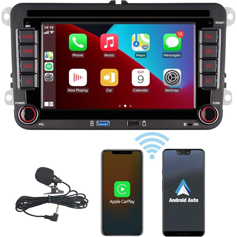 HLLECARMO High Power Double DIN Car Radio Compatible with Wireless Carplay Android Car for VW Golf 5 6 Passat Jetta Caddy EOS T5 Tiguan Touran CC Polo with 7 Inch Bluetooth/FM/AM Radio/USB/EQ