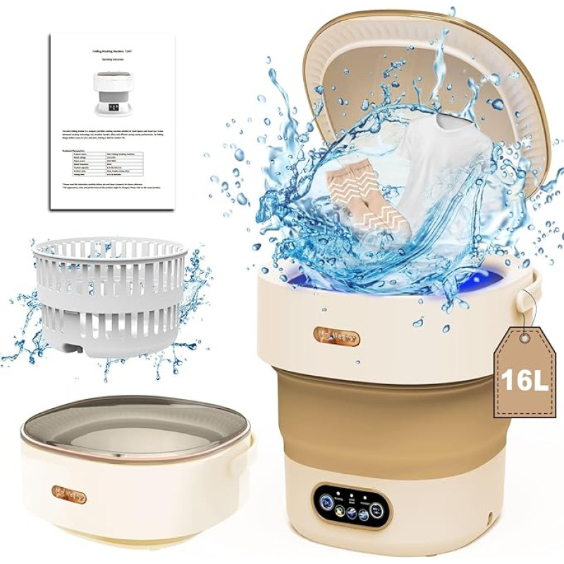 Camping Washing Machine, 15 L, 2.2 kg Mini Washing Machine with Spinner, Deep Cleaning of Underwear, Baby Clothes, Socks, Small Clothes, Portable Washing Machine for Homes, Dormitories, Khaki