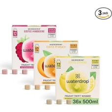 Waterdrop® Microdrink Iced Tea Set, 36 Ice Tea Drops Cubes, Zero Sugar Powder, 3 Fruity Varieties: Black Tea + Peach, Green Tea + Lemon, Black Tea + Raspberry, Valuable Vitamins