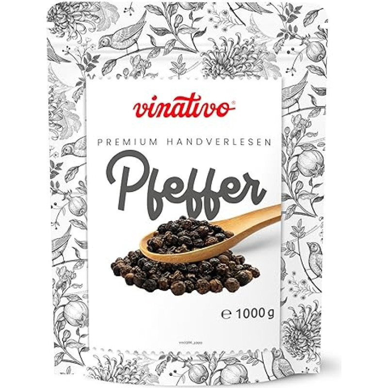 vinativo Black Pepper - Whole - 1 kg - Premium Quality - Black Peppercorns Suitable for the Mill