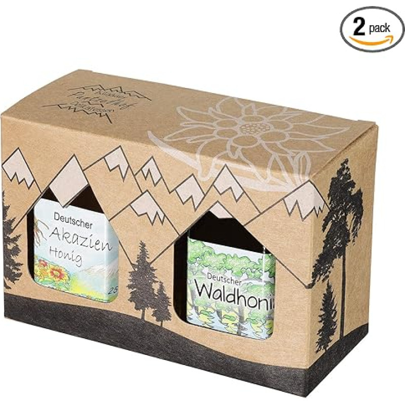 Puntzelhof Allgäuer Genuss-Box - Delicatessen Gift Set 2 x 250 g German Honey - Attractive Gift Set Made of Kraft Cardboard