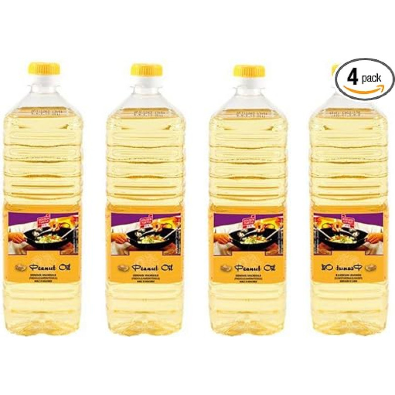 4 pakuočių 100% žemės riešutų aliejus [4 x 1000 ml] Žemės riešutų aliejus ~ Žemės riešutų aliejus ~ Wok aliejus