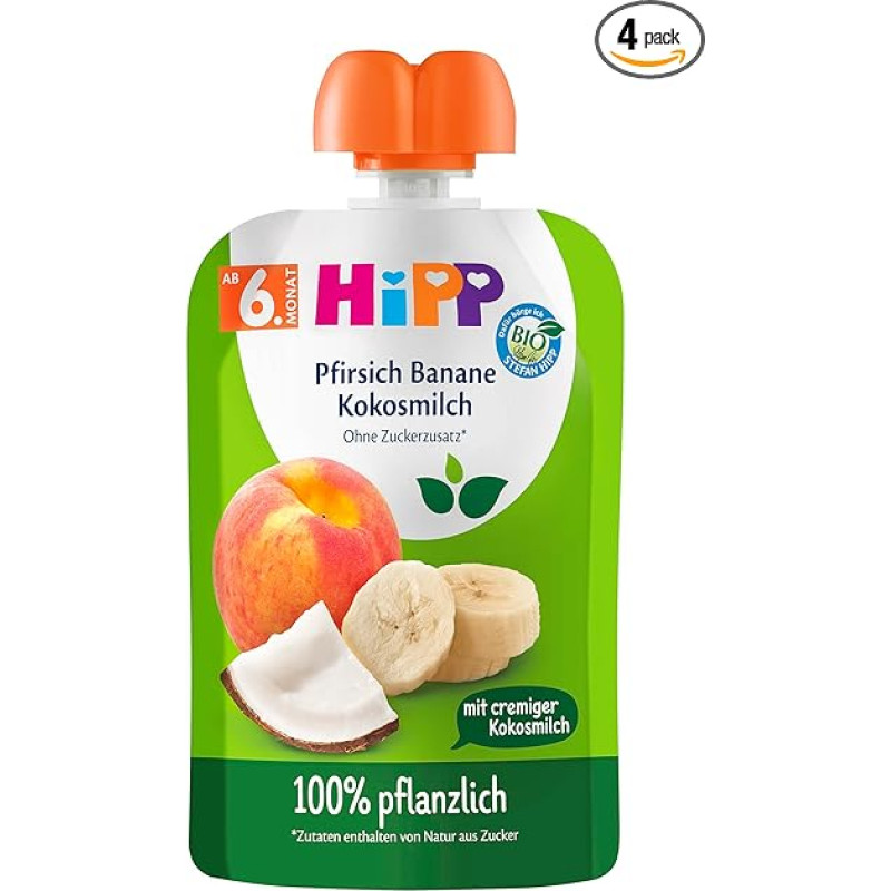 HiPP Fruit & Plant Milk in Squeeze Bag for Babies, Peach Banana with Coconut Milk (4 x 4 x 90 g), Small