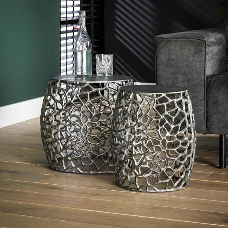 RINGO-Living Stylish Manula Coffee Table Set of 2 in Silver Matt Nickel and Aluminium, Living Room Table Round Metal Side Table Modern Design Living Room Table Industrial Style Industrial Retro