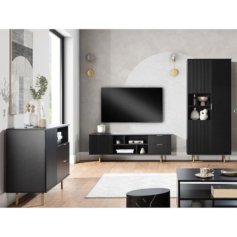 Home Furniture Set Wall Unit Matt Black 3-Piece Modern 1 Chest of Drawers 1 Lowboard 1 Display Cabinet