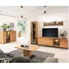 Living Room Furniture Set, 5 Pieces, Partially Solid Oak Sideboard, Coffee Table, Display Cabinet, Wall Board, Lowboard, Includes Lighting