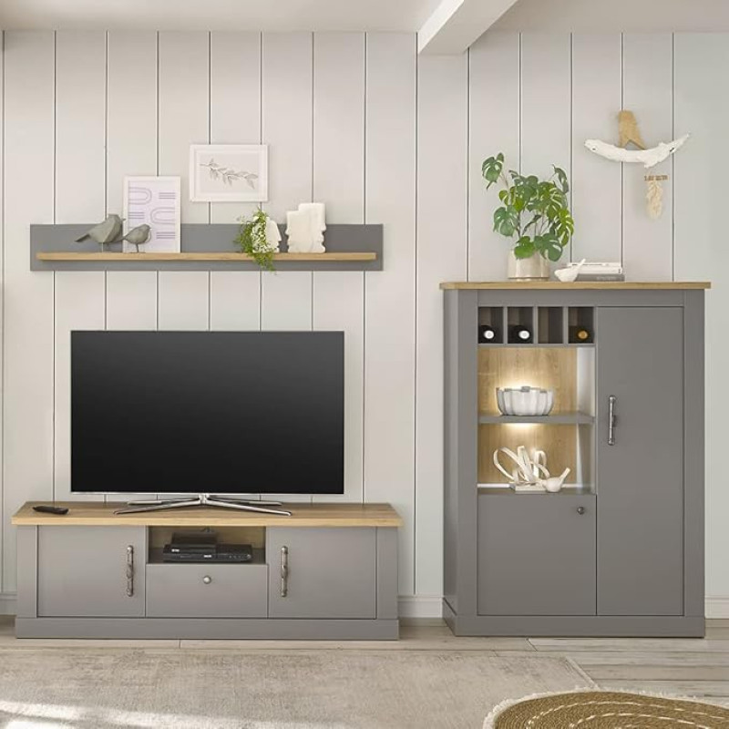Lomadox Living Furniture Set with Wine Compartments and LED Lighting in Grey with Artisan Oak Nb W x H x D Approx. 273 x 160 x 44 cm