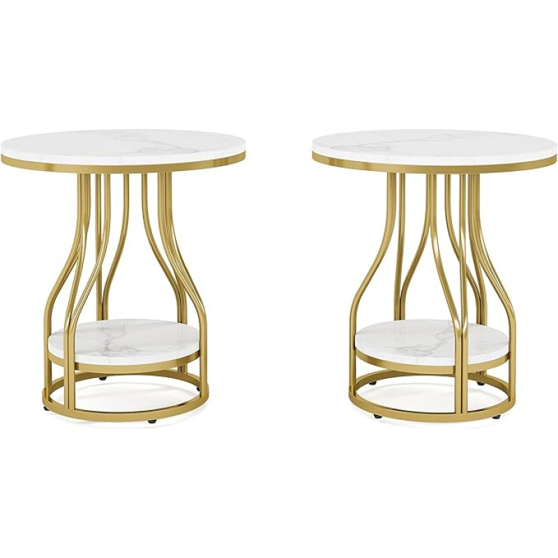 Tribesigns Side Table Round White Gold Side Table Set of 2, 2-Tier Side Table Modern Bedside Table Small Side Table with Storage Space Sofa Side Table with Metal Frame for Living Room