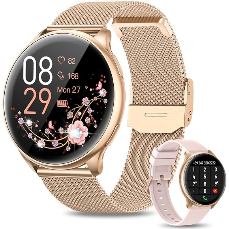 RUXINGX Women's Smartwatch with Phone Function 1.32” HD Full Touch Screen Watch with SpO2 Heart Rate Monitor Menstrual Cycle Sleep Monitor Pedometer Calories Fitness Tracker IP68 iOS Android Rose Gold