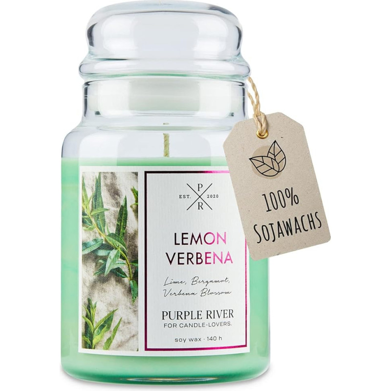 Purple River Candle Large Scented Candle in Glass with Lid Lemon Verbena Scented Candle Lemon Candles Long Burning Time (140 h) Scented Candle Soy Wax Candles Green (623 g)