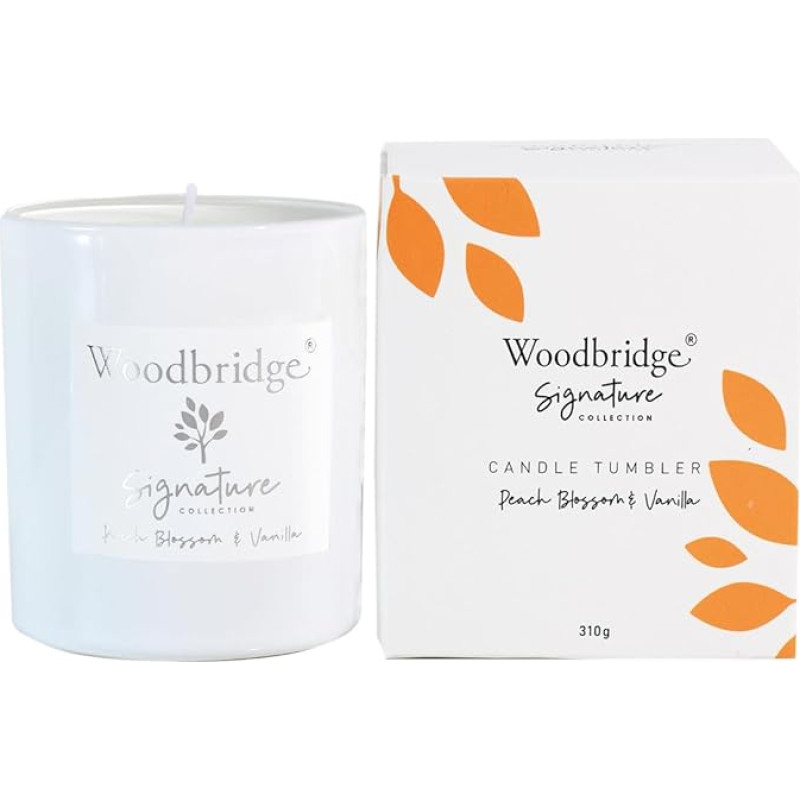 Woodbridge Scented Candle in Glass with Lid | Peach Blossom & Vanilla | Scented Candle Fruity | Small Scented Candle | Burning Time up to 60 Hours | White Candles (310 g) | Signature Collection