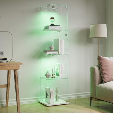Stiklinė vitrina su LED apšvietimu, stovinti stiklinė vitrina su 4 stiklinėmis lentynomis ir 1 stiklinėmis durelėmis, rakinama, vitrina svetainei, biurui, kolekcijoms, knygoms, vynui