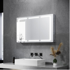 SONNI Vonios veidrodinė spintelė su apšvietimu 105 x 65 cm IP44 vandeniui atspari nerūdijančio plieno LED dvigubų durų vonios kambario spintelė su lizdu ir jungikliu vonios kambariui