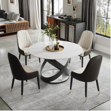 POVISON valgomojo stalas Modernus apvalus, blizgus 130 cm stalas 4 žmonėms, virtuvės stalas Baltas marmuras, pagamintas iš sukepinto akmens, su meniniu X formos pagrindu iš anglinio plieno, lengvai montuojamas (be