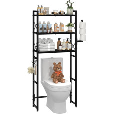 Over The Toilet Storage Rack with Toilet Paper Holder, Heavy Duty Metal, 3 Tier Bathroom Organizer with 3 Hooks, Black