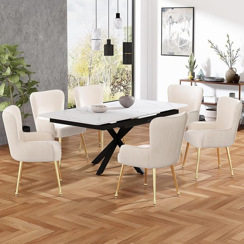 ModernLuxe Velvet valgomojo kėdė, poilsio kėdė, 6 vnt., su aukso spalvos metalinėmis atraminėmis kojomis, porankiais, juosmens atrama, reguliuojamomis kojelėmis, skirta svetainei ir miegamajam, smėlio spalvos