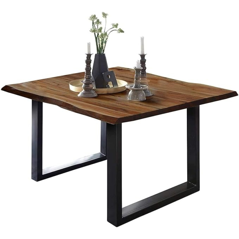 SAM ULM valgomojo stalas 90 x 90 cm Riešutmedžio spalvos akacijos medžio masyvo metalinis U formos rėmas juodas