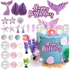 Mermaid Cake Decoration 29 Pieces - Cake Decoration Mermaid Set for Birthday Children, Happy Birthday Cake Topper, Shells, Seahorse, Mermaid Cake Topper, Decoration Girls Party