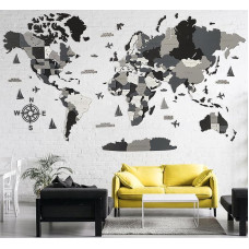 Carte du monde en bois (en français) - Décoration murale 3D - Waist de la carte (M, L, XL) - Art mural pour la maison, la cuisine ou le bureau (NUIT, XL (213 x 113 cm))