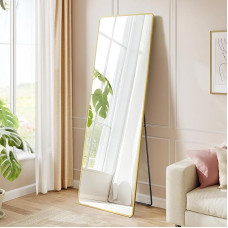 SONGMICS pilno ilgio veidrodis 160 x 50 cm stačiakampio formos stačiakampio formos veidrodis aliuminio lydinio rėmas grūdintas stiklas miegamajame gyvenamajame kambaryje spinta šviesiai auksinė LFM030A01