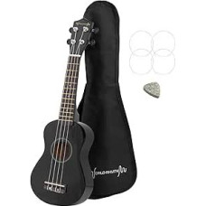Soprano Ukulele - Premium Beginner Soprano Ukulele in Black Finish with Gig Bag, Replacement Strings and Felt Pick - Equipped with Aquila Strings, WR-305