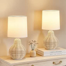 GyroVu Bedside Lamp Set of 2 Boho Rattan Table Lamps, Bedside Lamps in Country House Style, Small Lamps for Rustic Living Room Decoration, Bedroom, Bedside Table, Living Room, Reading Table, Side