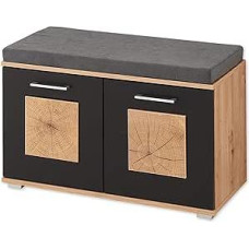 Juodos spalvos smagus batų suolas su sėdyne, amatininkų ąžuolo išvaizdos su medžio aplikacijomis, patogus suolas su daiktadėže prieškambaryje, 84 x 53 x 38 cm (plotis x aukštis x gylis)